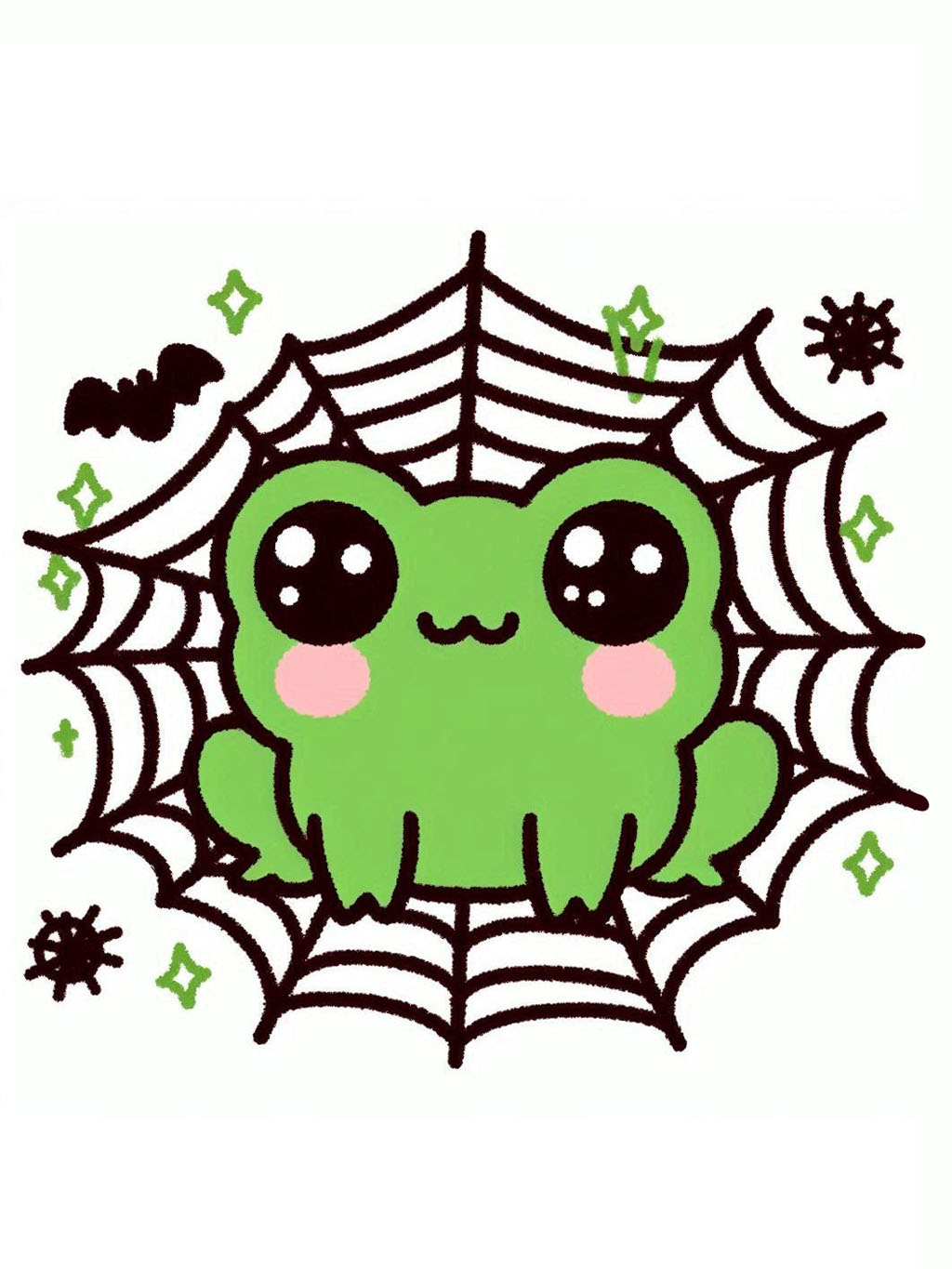 halloween frog drawing ideas of a cheerful frog caught in a playful spiderweb adorned with tiny bats and glowing spider motifs, surrounded by magical stars.